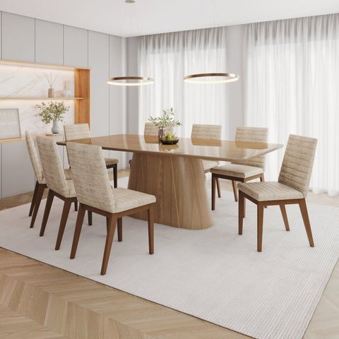 Conjunto Mesa Olívia 200cm com Vidro 8 Cadeiras Elena Bege/Nature/Creme