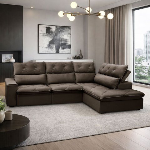 Sofá 3 Lugares Retrátil Reclinável Chaise Direito 258cm Bergen F04 Veludo Marrom Escuro - Lyam Decor