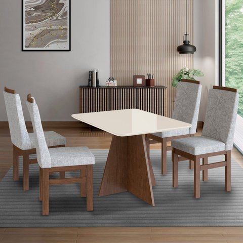 Conjunto Sala de Jantar Mesa 90x120cm T Vidro com 4 Cadeiras Madeira Maciça Marrom/Tabaco/Off White/Cinza