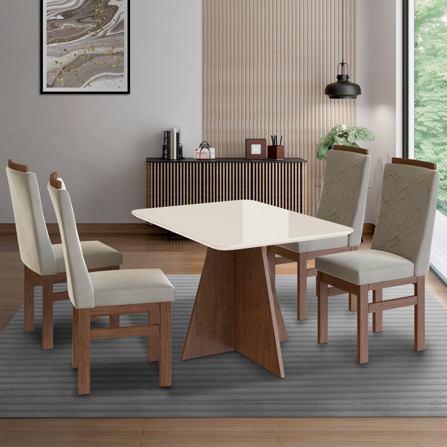 Conjunto Sala de Jantar Mesa 90x120cm T Vidro com 4 Cadeiras Madeira Maciça - 1