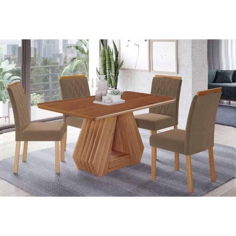 Conjunto: Mesa de Cozinha Ágata Tampo Madeirado 130x80cm e 4 Cadeiras Juliana Cinamomo - Carvalho/