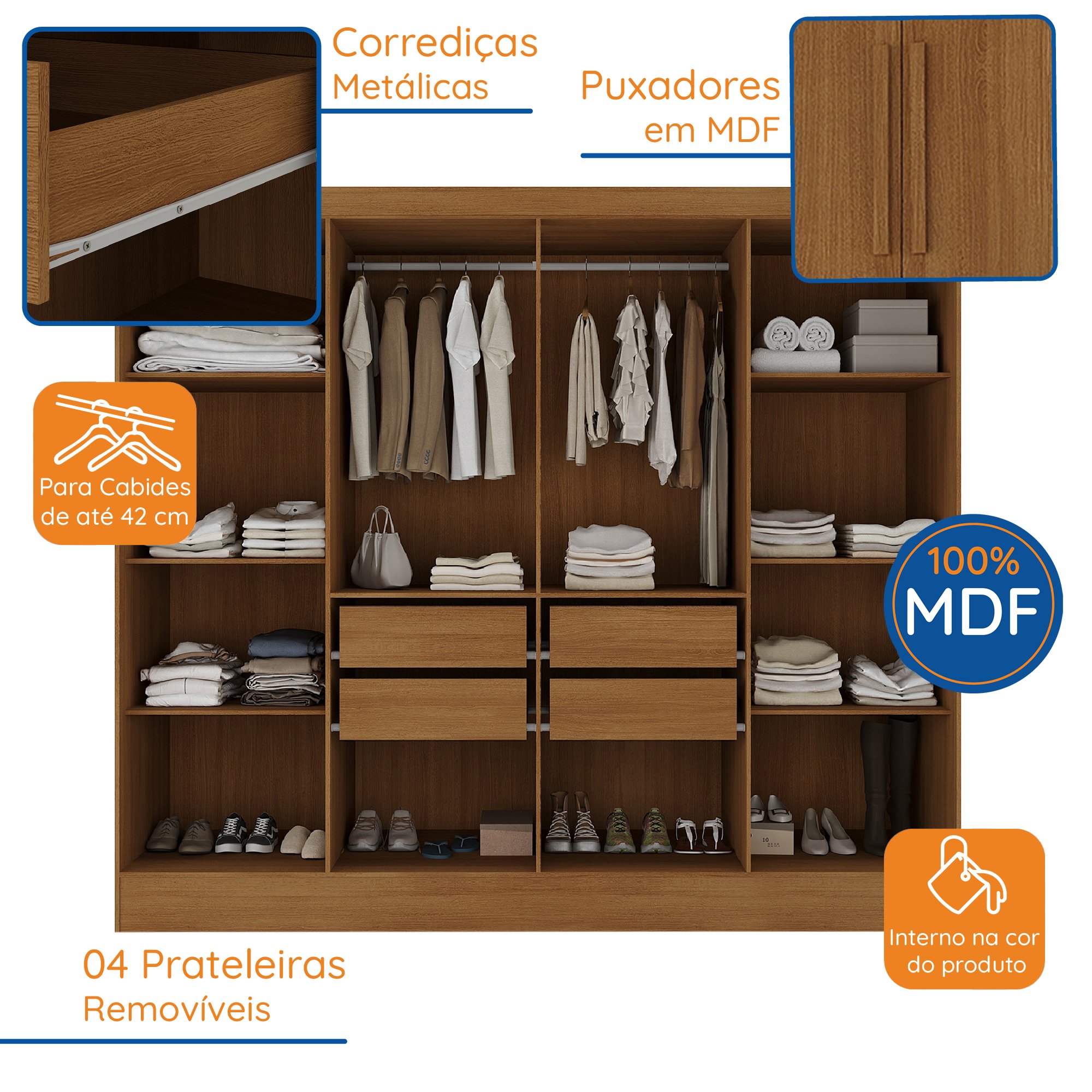 Guarda-roupa Casal 100% MDF 8 Portas 4 Gavetas Jatobá Yescasa - 5