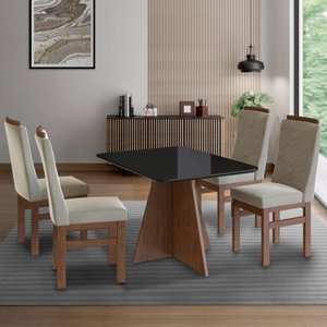 Conjunto Sala de Jantar Mesa 90x120cm T Vidro com 4 Cadeiras Madeira Maciça