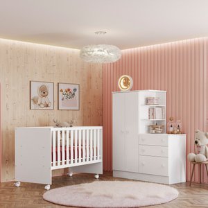 Quarto de Bebê Doce Sonho com Roupeiro e Berço Qmovi Branco