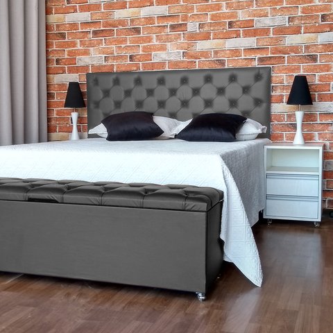 Kit Cabeceira e Recamier Luna Capitonê Baú King Cama Box Cinza Rbl