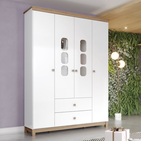 Guarda-Roupa 4 Portas 2 Gavetas com Frentes em MDF e Vidro Branco/Jequitibá HP Aconchego