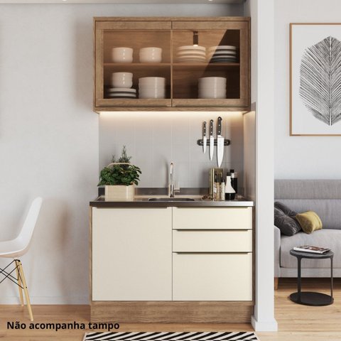 Cozinha Compacta Modulada 2 Peças 3 Portas com Vidro Reflecta Viena Branco/Freijó/Cinza Argila