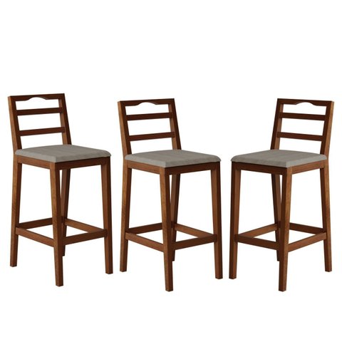 Conjunto com 3 Banquetas Madeira Maciça Denver Bege/Pinhão