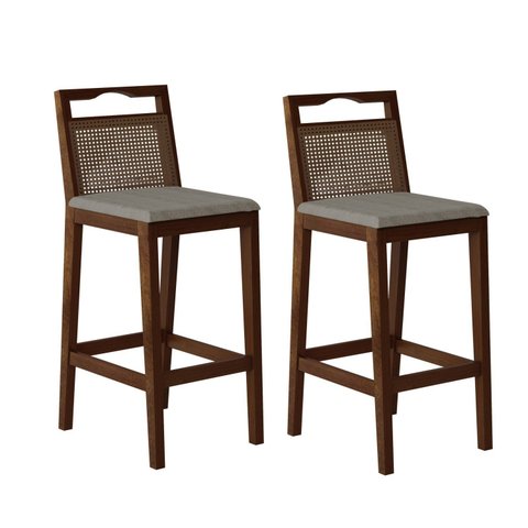 Conjunto com 2 Banquetas Madeira Maciça Rattan Vittoria Bege/Capuccino