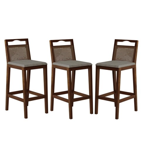 Conjunto com 3 Banquetas Madeira Maciça Rattan Vittoria Bege/Capuccino