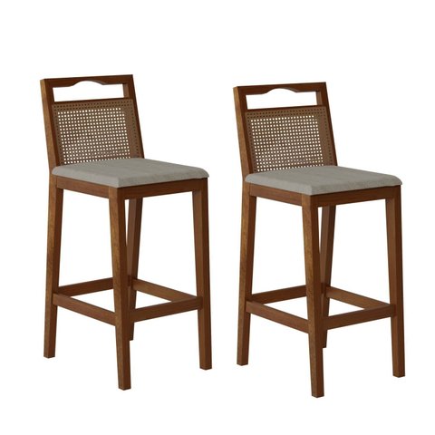 Conjunto com 2 Banquetas Madeira Maciça Rattan Vittoria Bege/Pinhão