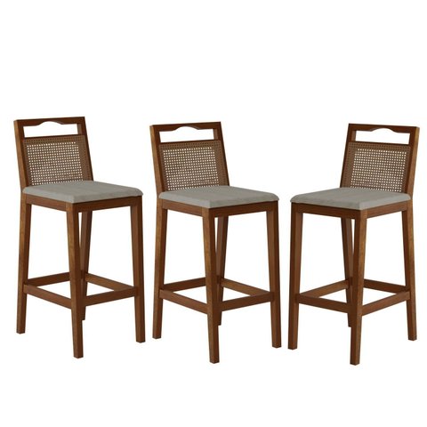 Conjunto com 3 Banquetas Madeira Maciça Rattan Vittoria Bege/Pinhão
