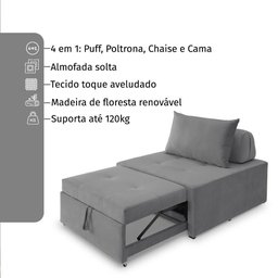 4 em 1 Poltrona, Puff, Chaise e Cama Ares Cinza Estofama - 9