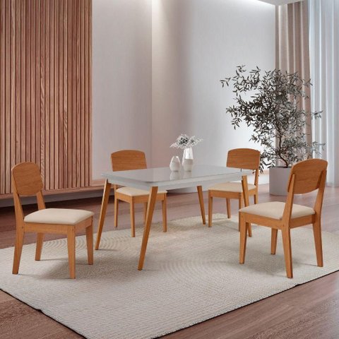 Mesa de Jantar Copper 120cm Tampo MDF Vidro 4 Cad Copper Veludo Creme/Off/Naturale/Serig Off