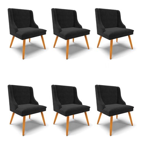 Kit 6 Cadeiras Estofadas para Sala de Jantar Pés Palito Lia Suede Preto - Ibiza