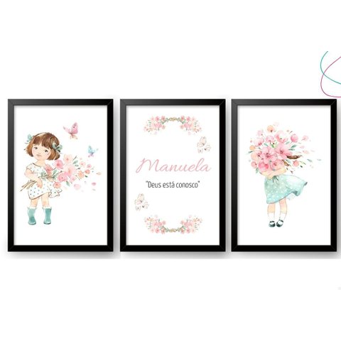 3 Quadros Decorativos Infantil Menina Aquarela Flores:preta