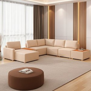 Sofá de Canto Modulado 291cm - 312cm 6 Lugares France Linho Bege - Sallar Home