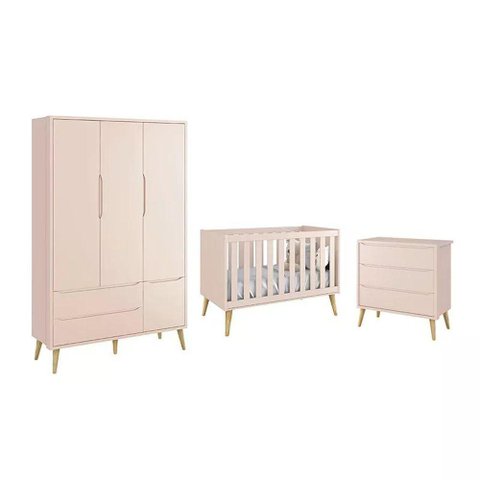 Dormitório Theo 3 Portas e Cômoda 3 Gavetas Rosa com Pés Madeira Natural - Reller Móveis Rosa