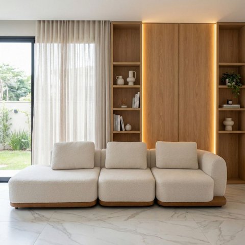 Sofá 3 Lugares Elegante Confortavel Modulado Premiun Luxuoso Sala Quarto Recepção Boucle Bege Courin