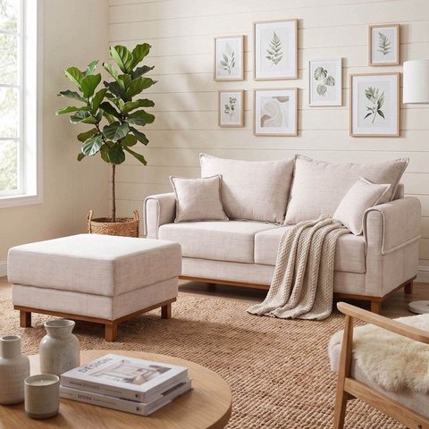 Conjunto Sofá Living 2 Lugares 180cm com Puff Linho Ananda CabeCasa MadeiraOriginals Bege/Creme