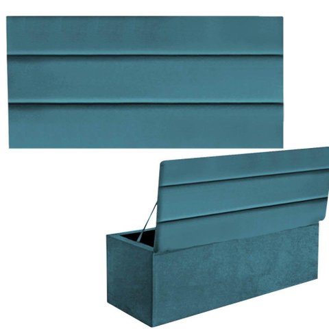 Kit Painel Cabeceira E Calçadeira Baú 140cm Casal Azul