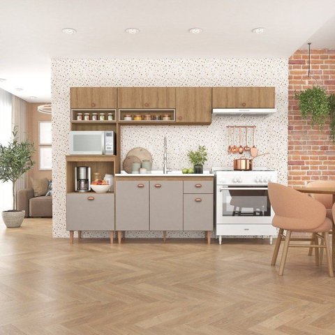 Cozinha Modulada 4 Peças com Torre Quente e Balcão para Pia sem Tampo Marti Yescasa Mel/Cinza