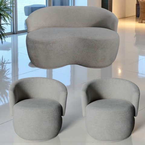 Kit Namoradeira + 2 Poltronas Decorativa Beatriz Orgânica Bouclé Cinza Claro