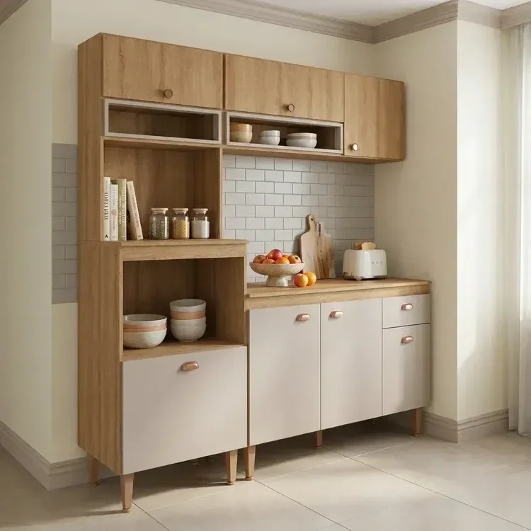 Cozinha Modulada 5 Peças com Torre Quente e Balcão com Tampo Marti Yescasa Mel/Cinza