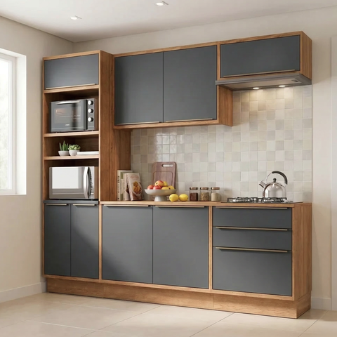 Cozinha Completa Modulada 5 Peças com 2 Balcões 2 Armários Aéreos e Torre Quente em MDF Viena Freijó