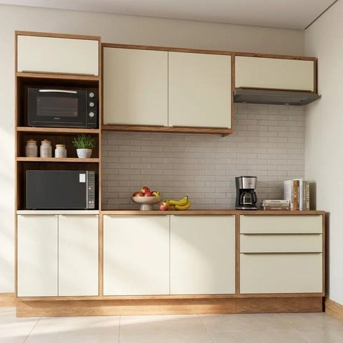 Cozinha Completa Modulada 5 Peças com 2 Balcões 2 Armários Aéreos e Torre Quente em MDF Viena Freijó