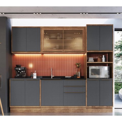 Cozinha Completa Modulada com Vidro Reflecta 5 Peças 11 Portas 3 Gavetas Viena Cinza/Freijó/Grafito