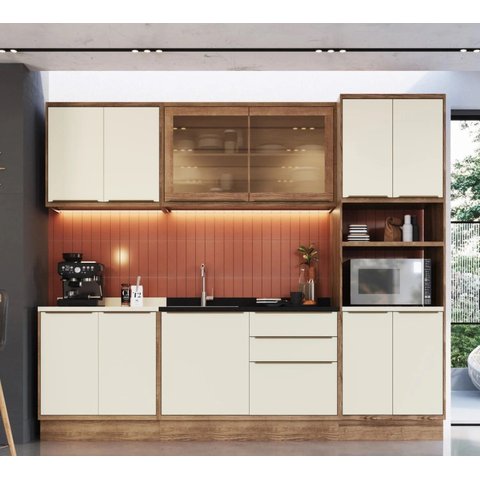 Cozinha Completa Modulada com Vidro Reflecta 5 Peças 11 Portas 3 Gavetas Viena Branco/Freijó/Cinza a