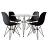 Mesa jantar eames de ferro preto tampo redondo 90cm vidro 4 cadeiras pretas - 1