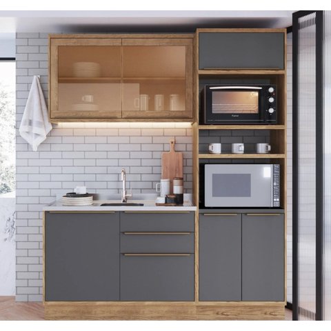 Cozinha Compacta Modulada com Vidro Reflecta 3 Peças 6 Portas Viena Cinza/Freijó/Grafito