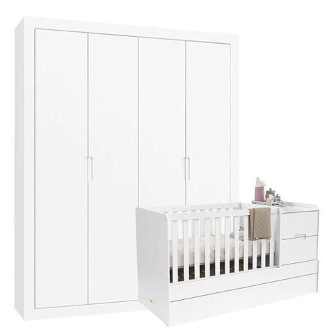 Berço Multifuncional Formare e Guarda Roupa Tutto New 4 Portas Branco Acetinado - Matic
