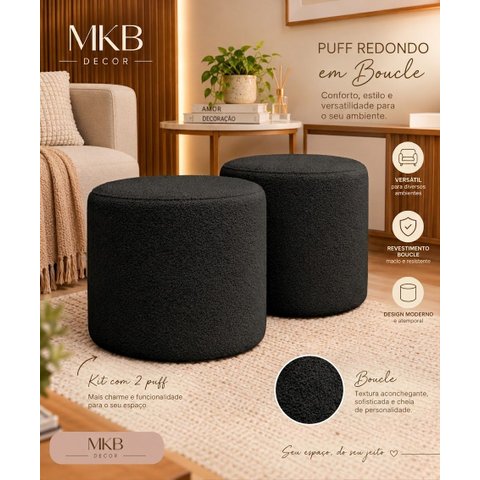 Kit com 2 Mini Puff Redondo Tecido Boucle Preto
