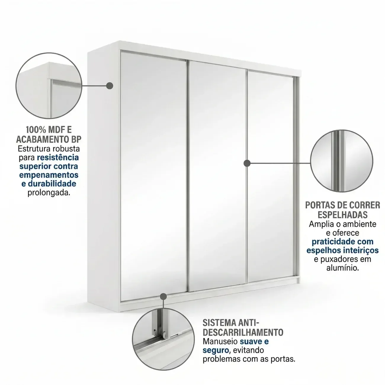 Ver imagem 6 de Guarda-Roupa Casal 3 Portas com Espelho 100% MDF Geneve Branco