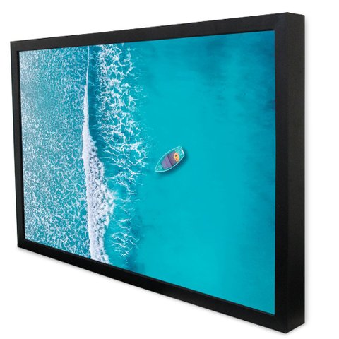 Quadro Decorativo Caixa Alta com Vidro O Mar e o Barco TaColado Moldura Preta 120 x 80cm