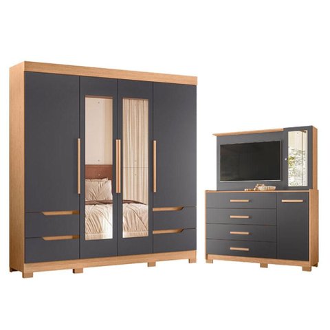Guarda Roupa Solteiro Vivacce 04 Portas com Espelho e Cômoda Ilhabela Freijo Titanium White - Móveis