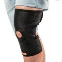 Ver imagem 1 de Protetor Joelho Ajustável Compressão Ortopédica Longa Reforço Patelar Neoprene e Orifício