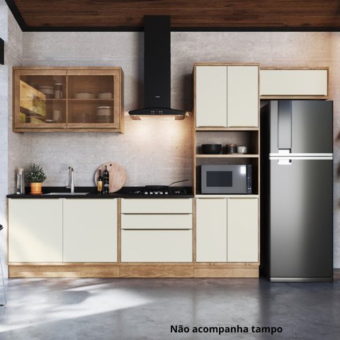 Cozinha Completa Modulada com Vidro Reflecta 5 Peças 9 Portas Viena Branco/Freijó/Cinza Argila