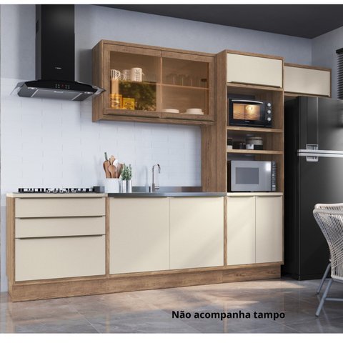 Cozinha Completa Modulada com Vidro Reflecta 5 Peças 8 Portas Viena Branco/Freijó/Cinza Argila