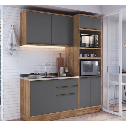 Cozinha Compacta Modulada 3 Peças 6 Portas Viena Cinza/Freijó/Grafito