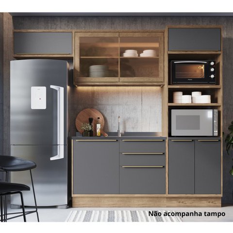 Cozinha Completa Modulada com Vidro Reflecta 4 Peças 7 Portas Viena Cinza/Freijó/Grafito