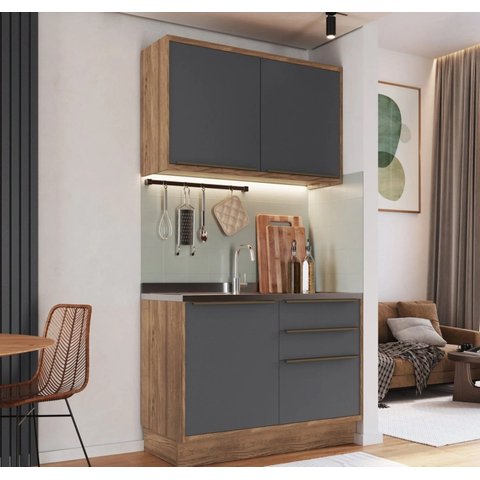 Cozinha Compacta Modulada 2 Peças 3 Portas Viena Cinza/Freijó/Grafito