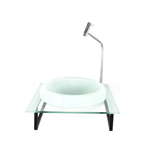 GABINETE COM CUBA DE VIDRO CHAPEU 10MM COM TAMPO 40CM BRANCO MAIS TORNEIRA METAL CROMADA