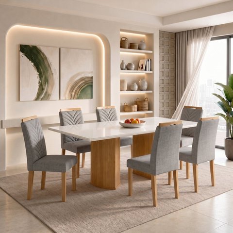 Conjunto Sala de Jantar 6 Lugares Retangular Tampo Vidro MDF 160x80cm Mesa Isla e Cadeiras Carol