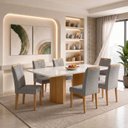 Ver imagem 1 de Conjunto Sala de Jantar 6 Lugares Retangular Tampo Vidro MDF 160x80cm Mesa Isla e Cadeiras Carol