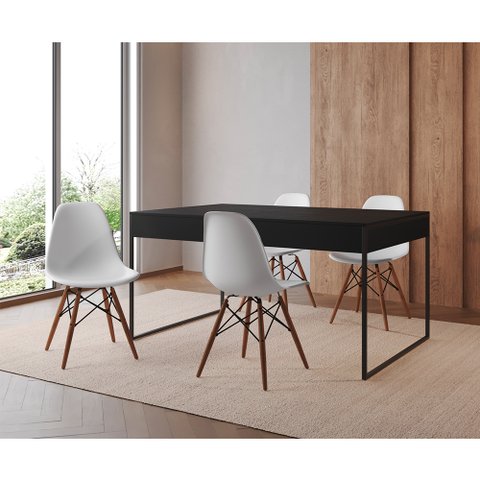Mesa Jantar Industrial Retangular Filadélfia Preta 137x90cm Base Ferro Preto com 4 Cadeiras Brancas