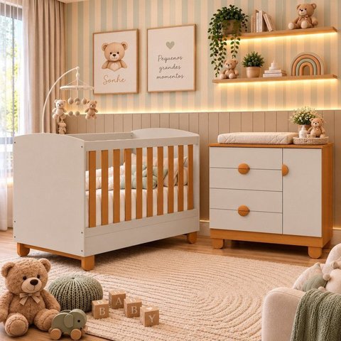 Quarto de Bebê Completo Apolo | Berço 2 em 1, Cômoda Sapateira 100% MDF